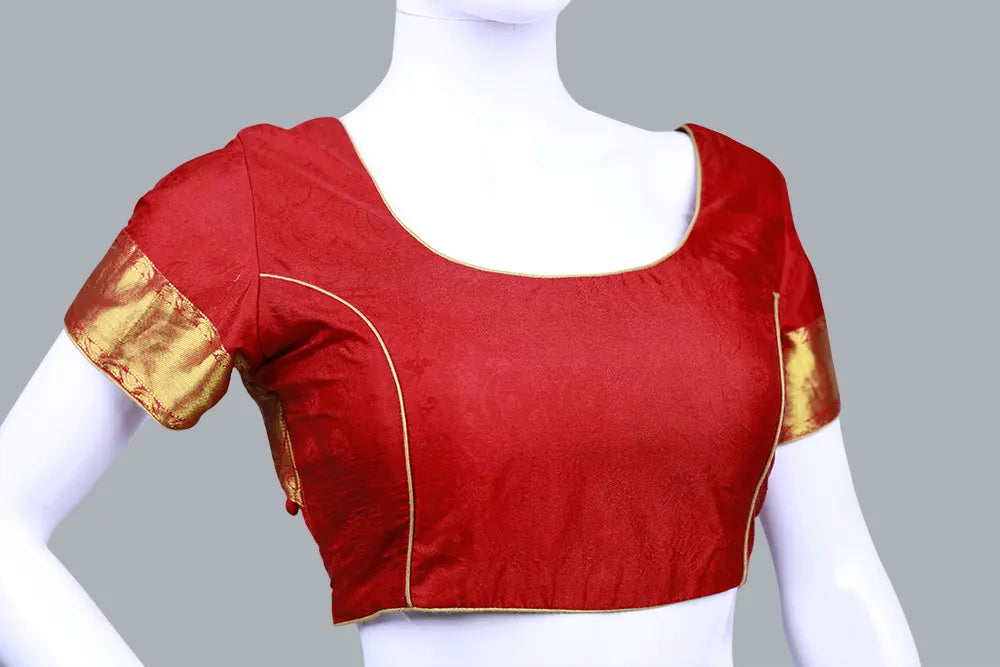 Red Round Neck Princess Cut Pattu Blouse | Red Pattu