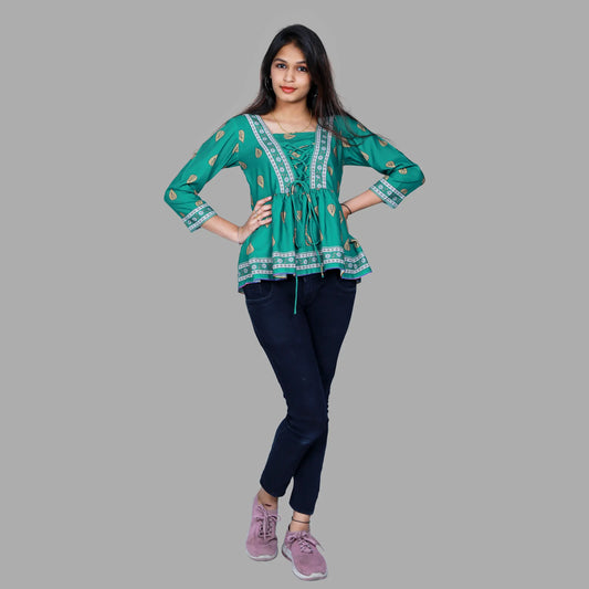 Green Printed Peplum Top | S3ST1070