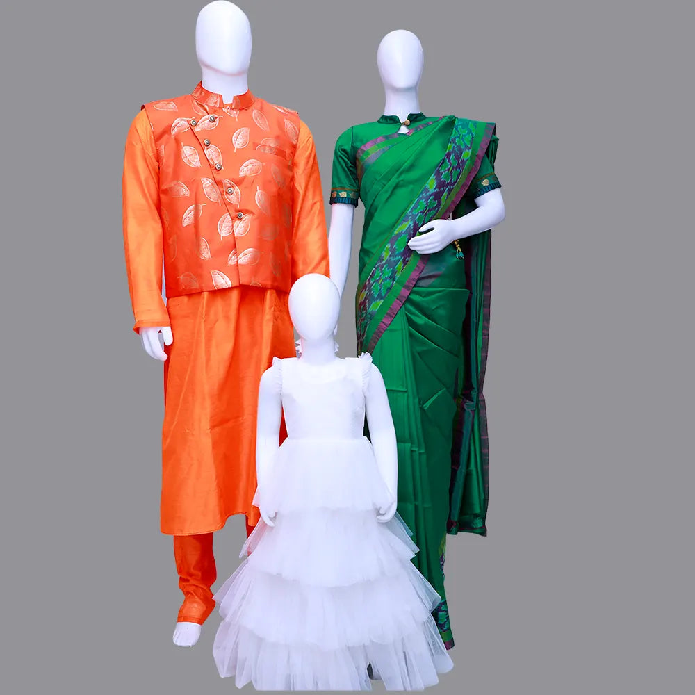 Men's Sherwani,Women's Green Saree and Baby Girl Combo | S3ORANGE