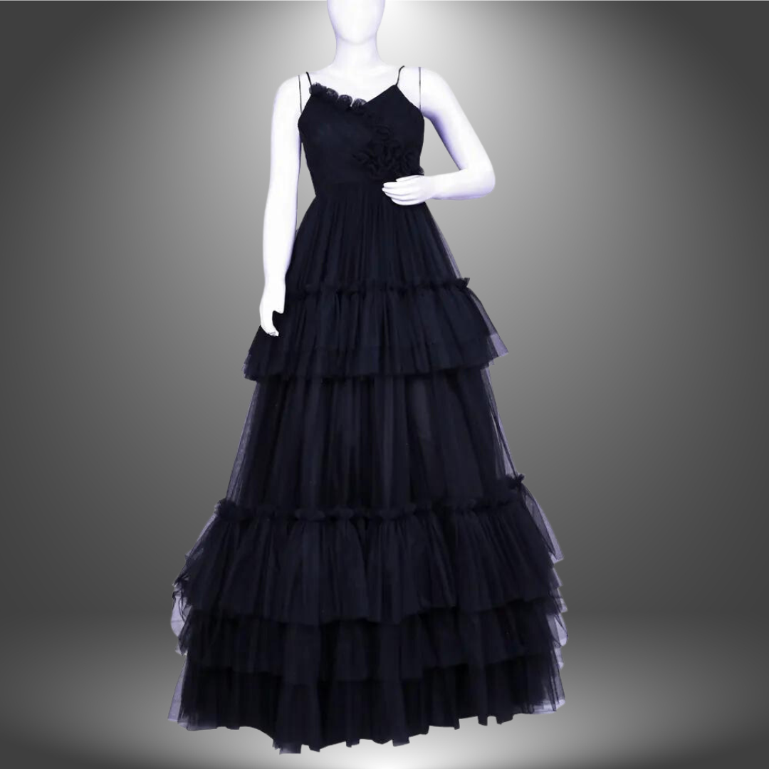 Black Netted Sleeveless Layered long Frock | Layered long Frock