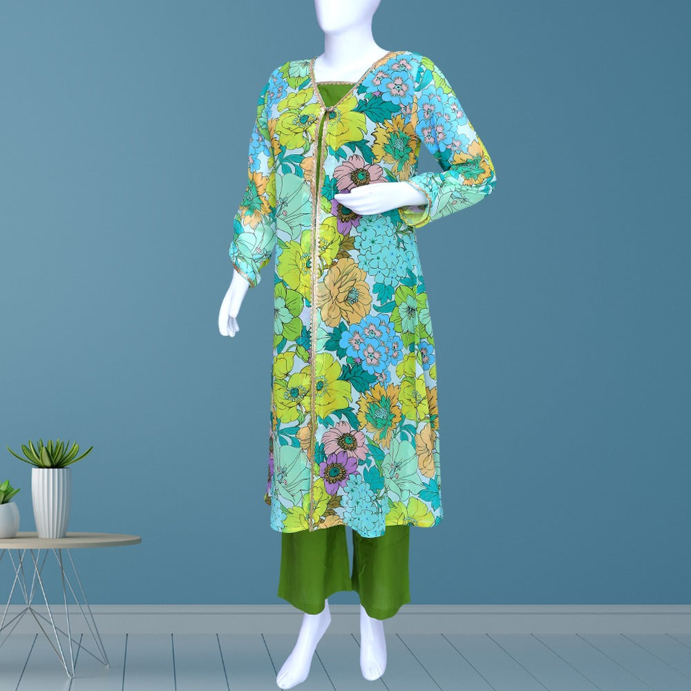 Long kurti with a floral print, paired with a solid green inner layer or possibly a salwar kameez set