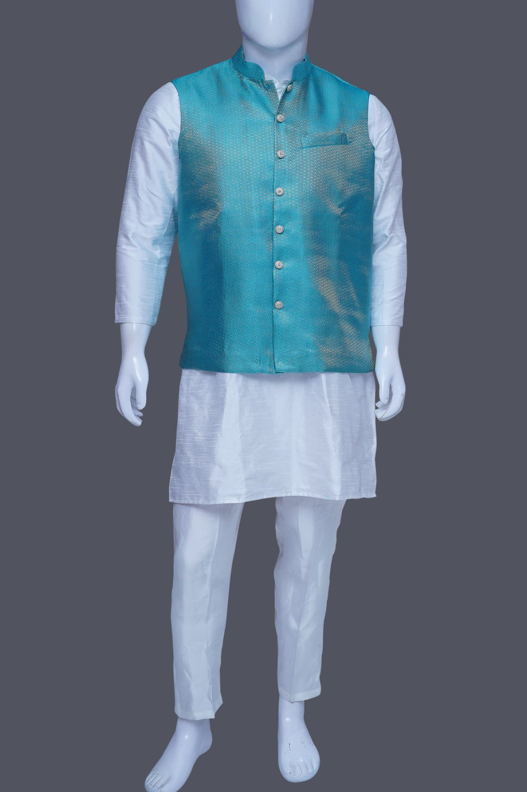 Sea Green Raw Silk Bundi Jacket Set