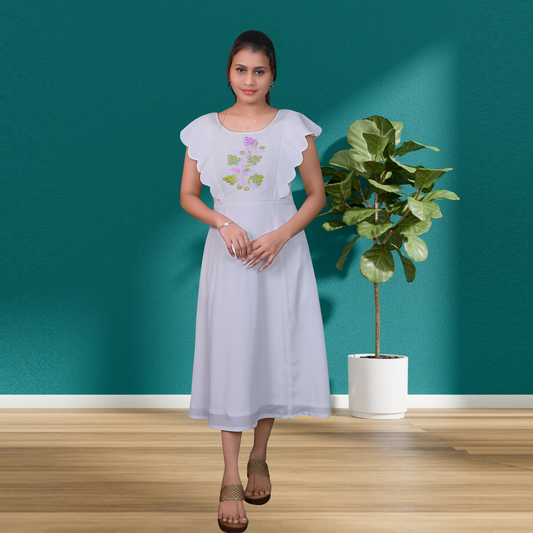 White & Cream Embroidered Scallop Dress