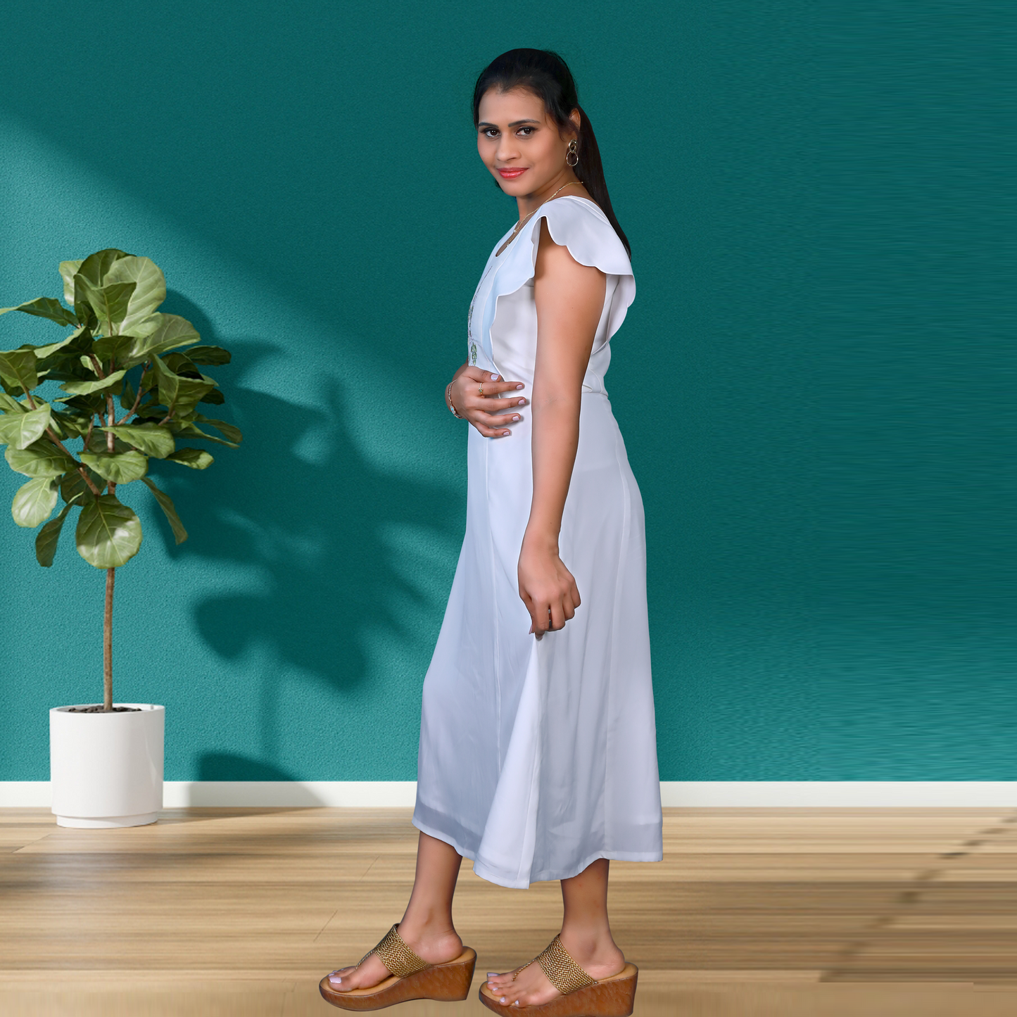 White & Cream Embroidered Scallop Dress