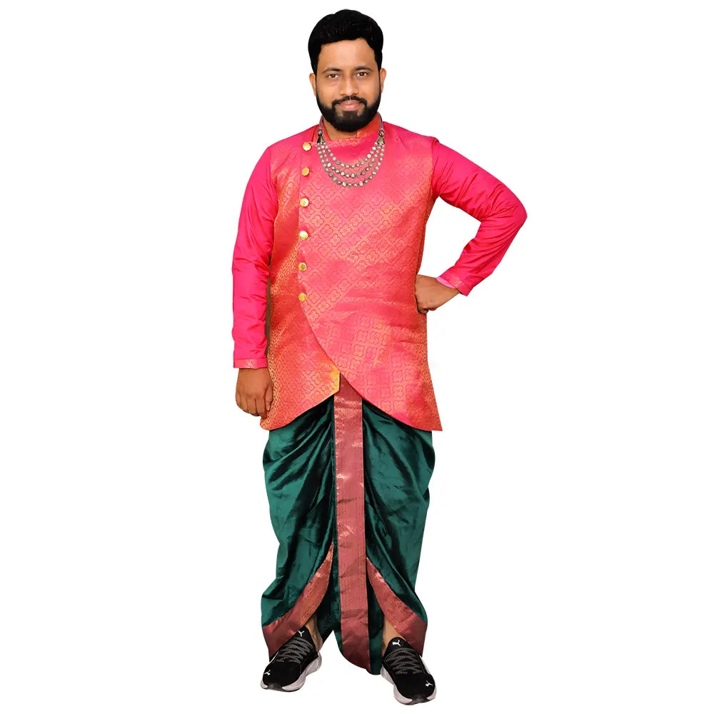 Pink & Green Pattu Kurta ,Dhoti Pant Set | Doti Pant Set