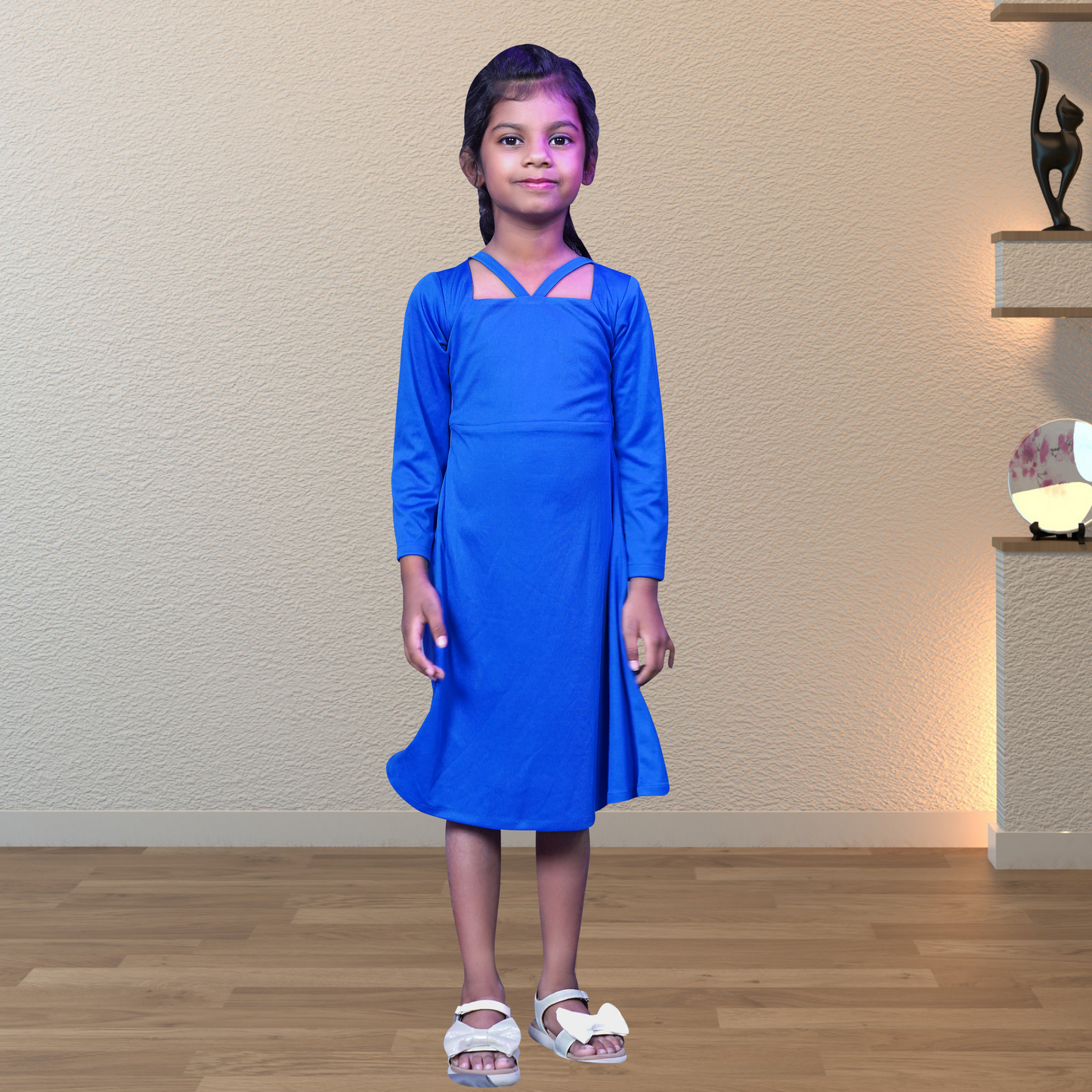 Blue Flared Dress with Frill Sleeve Detailing – Elegant & Chic | S3 Fashions
