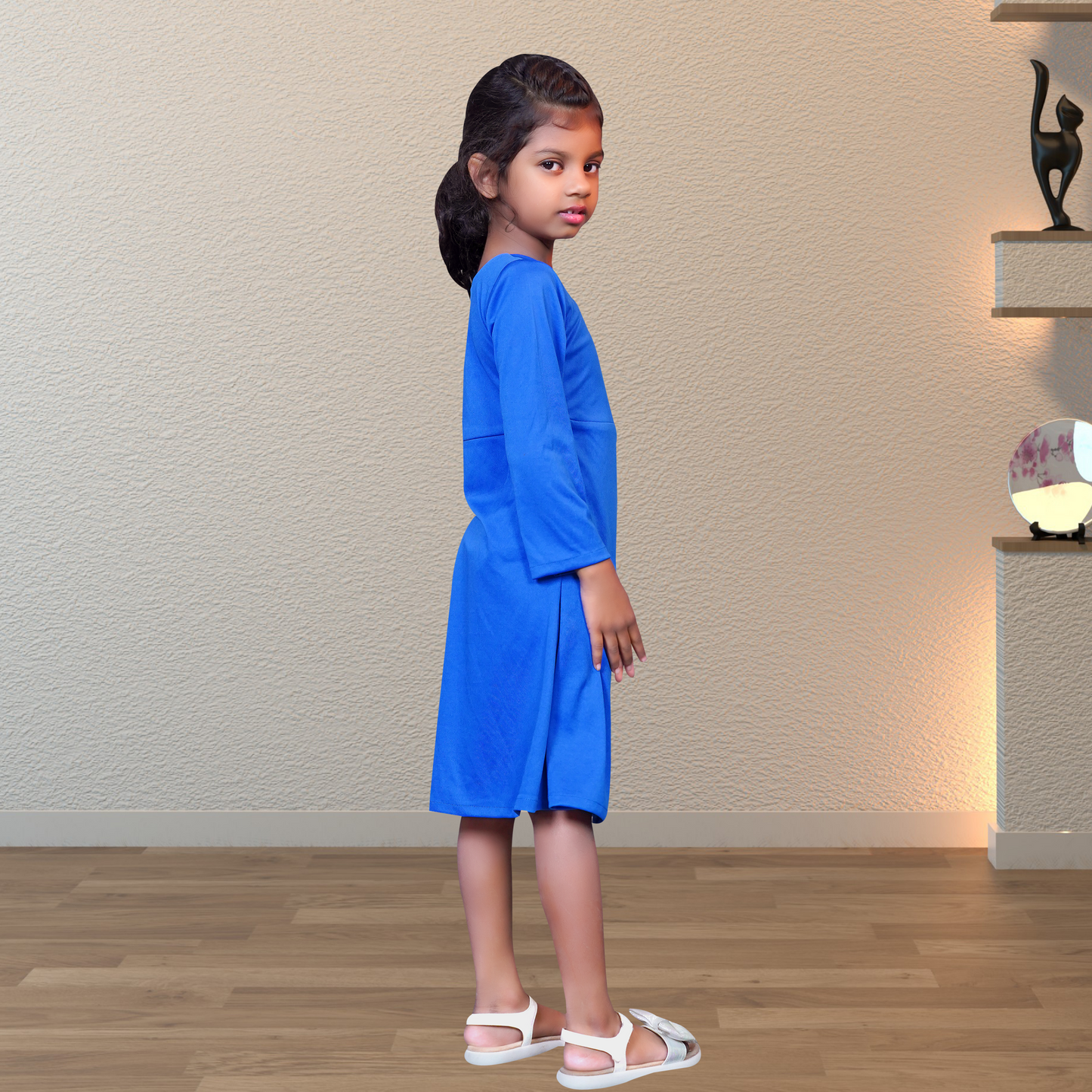 Blue Flared Dress with Frill Sleeve Detailing – Elegant & Chic | S3 Fashions