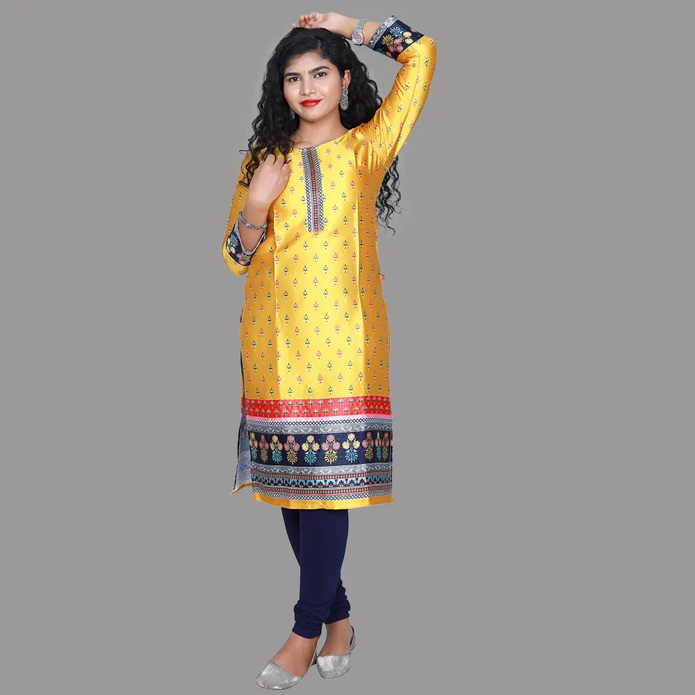Yellow Floral Print Straight Kurti | S3K1815