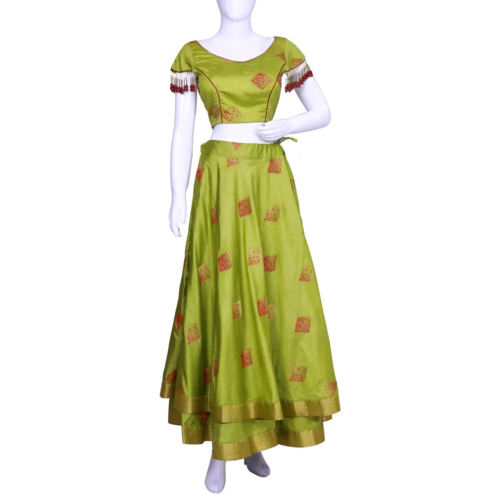 Princess Cut Blouse with Embellished Textiles Adorning Sleeves and Double-Layered Long Skirt | Long Skirt