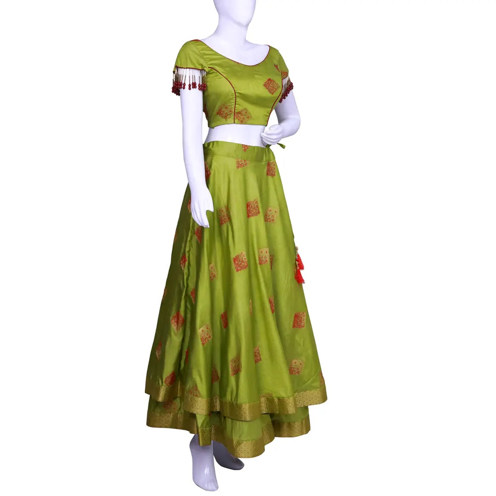 Princess Cut Blouse with Embellished Textiles Adorning Sleeves and Double-Layered Long Skirt | Long Skirt