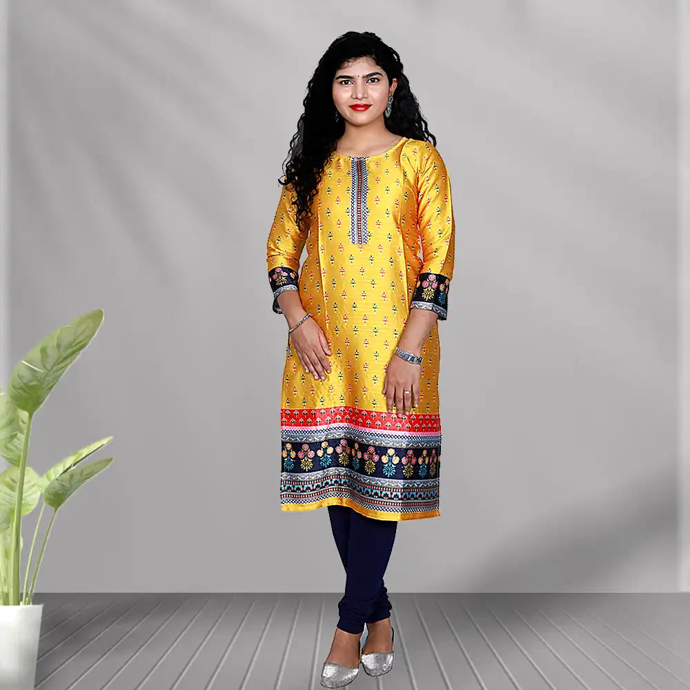 Yellow Floral Print Straight Kurti | Bright & Breezy Everyday Wear| S3K1815