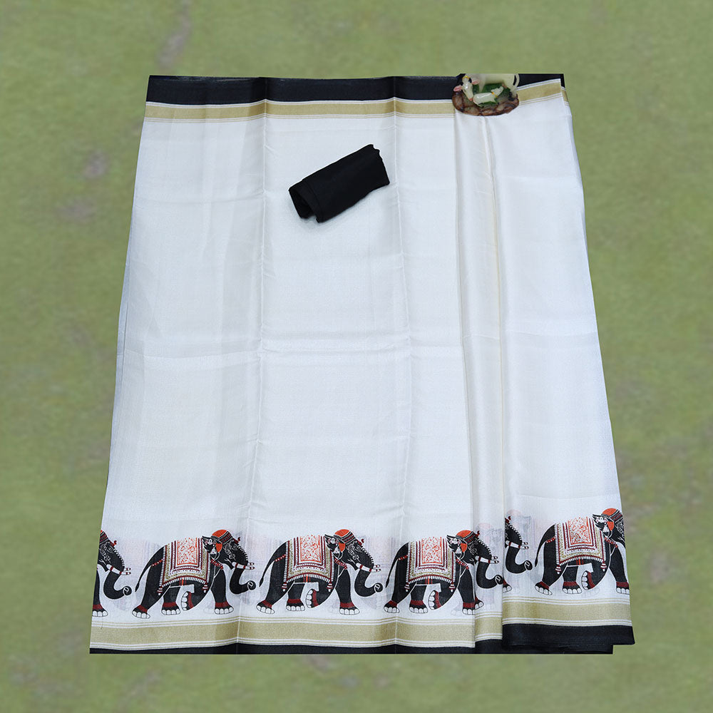 white elephant printed saree, Material - cotton silk