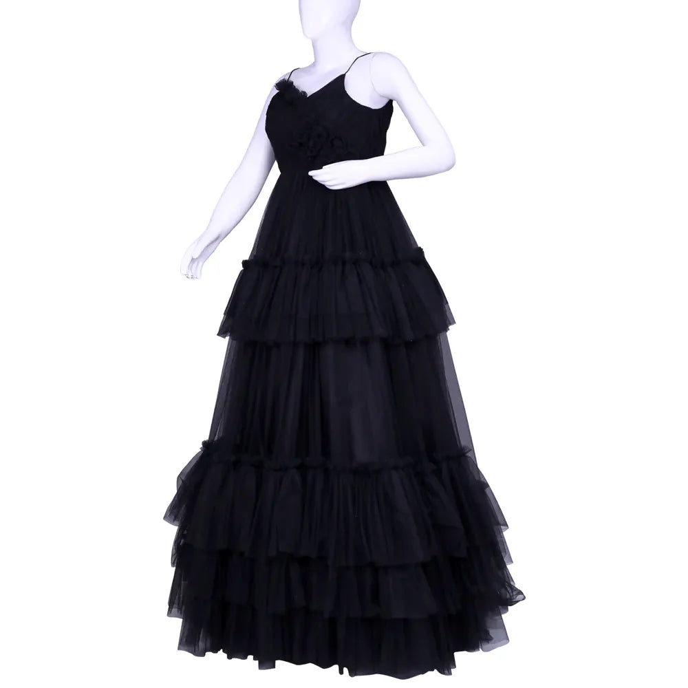 Black Netted Sleeveless Layered long Frock | Layered long Frock