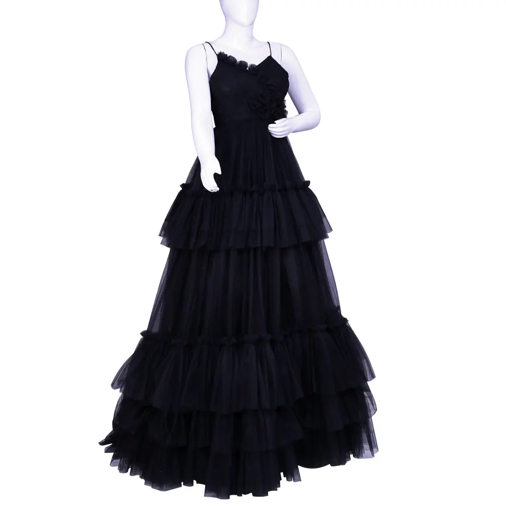 Black Netted Sleeveless Layered long Frock | Layered long Frock