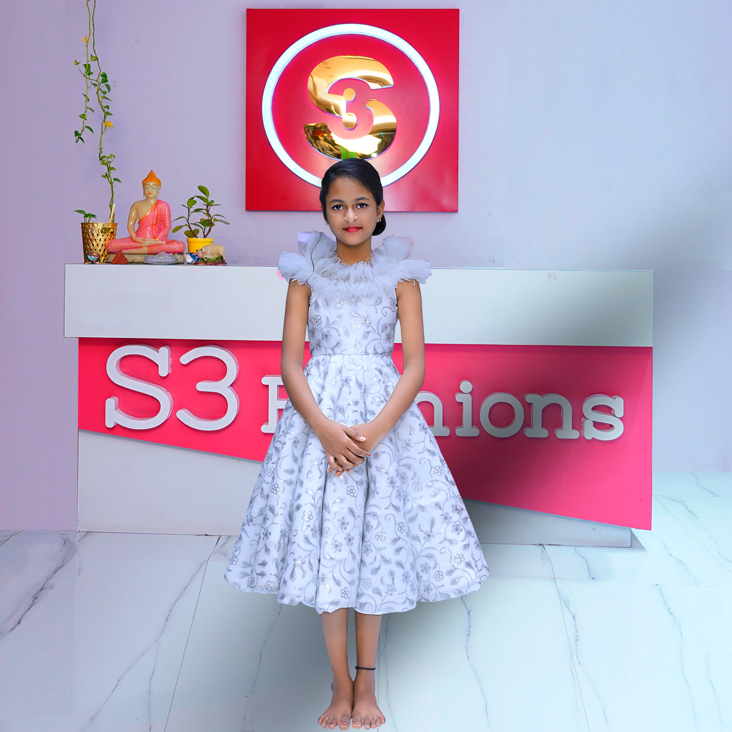 white sqivence baby birthday frock