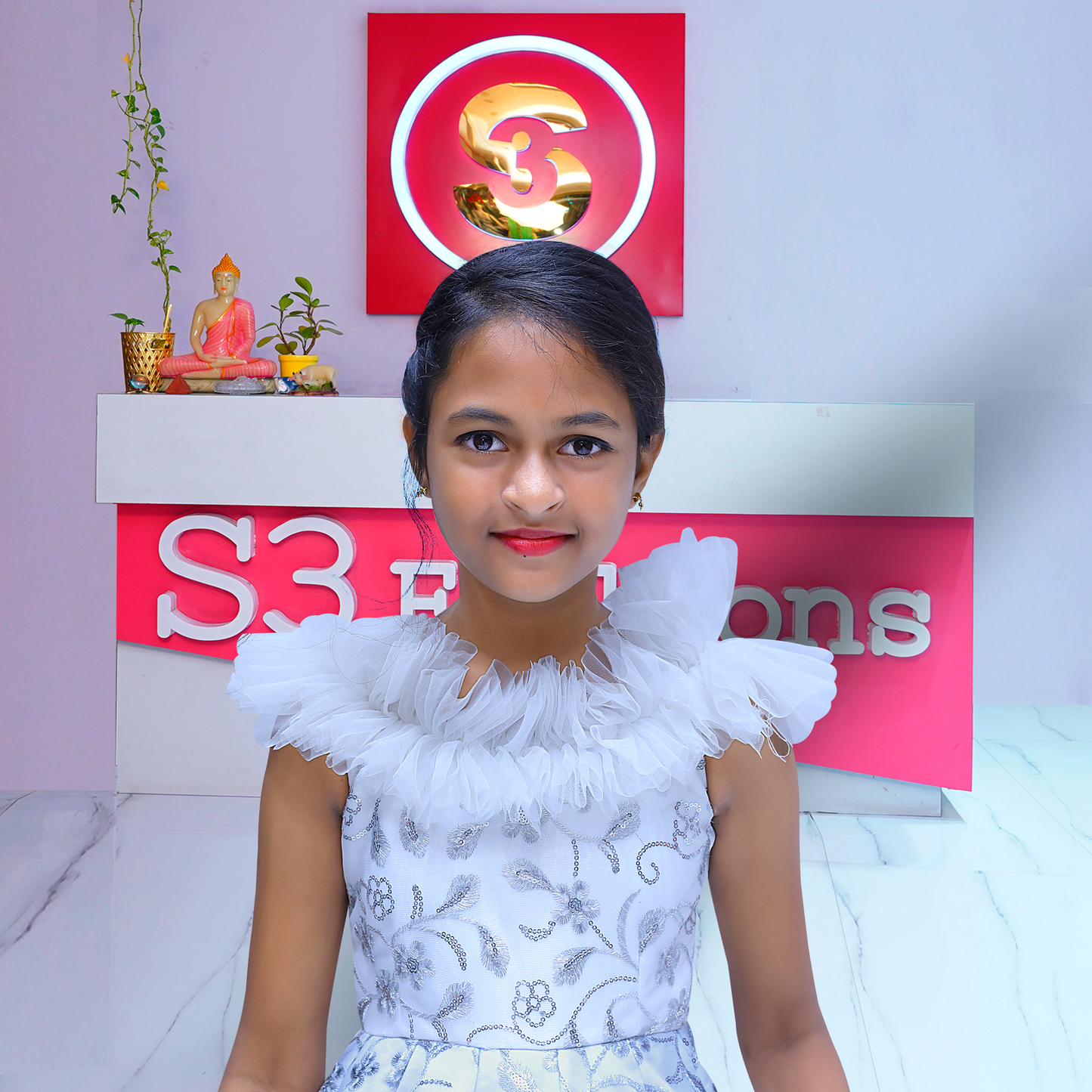 white sqivence baby birthday frock
