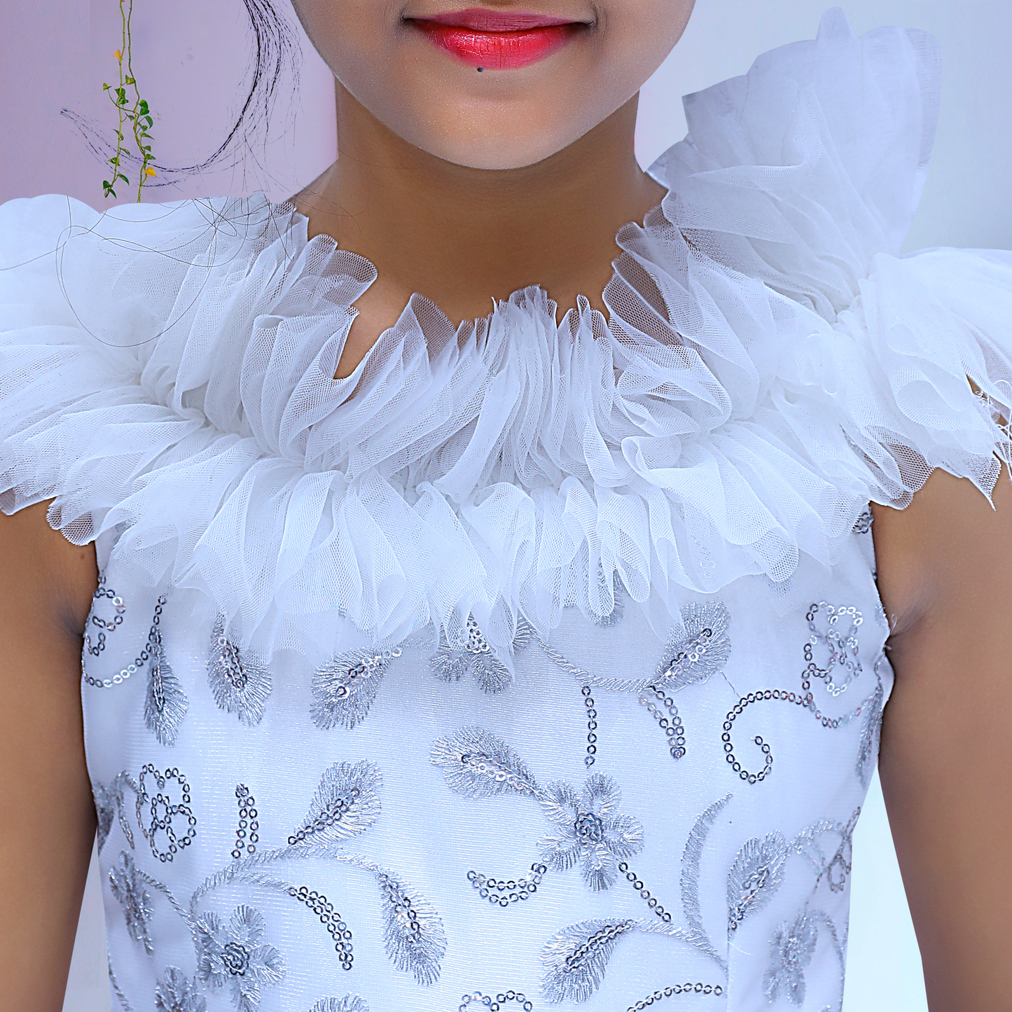 white sqivence baby birthday frock