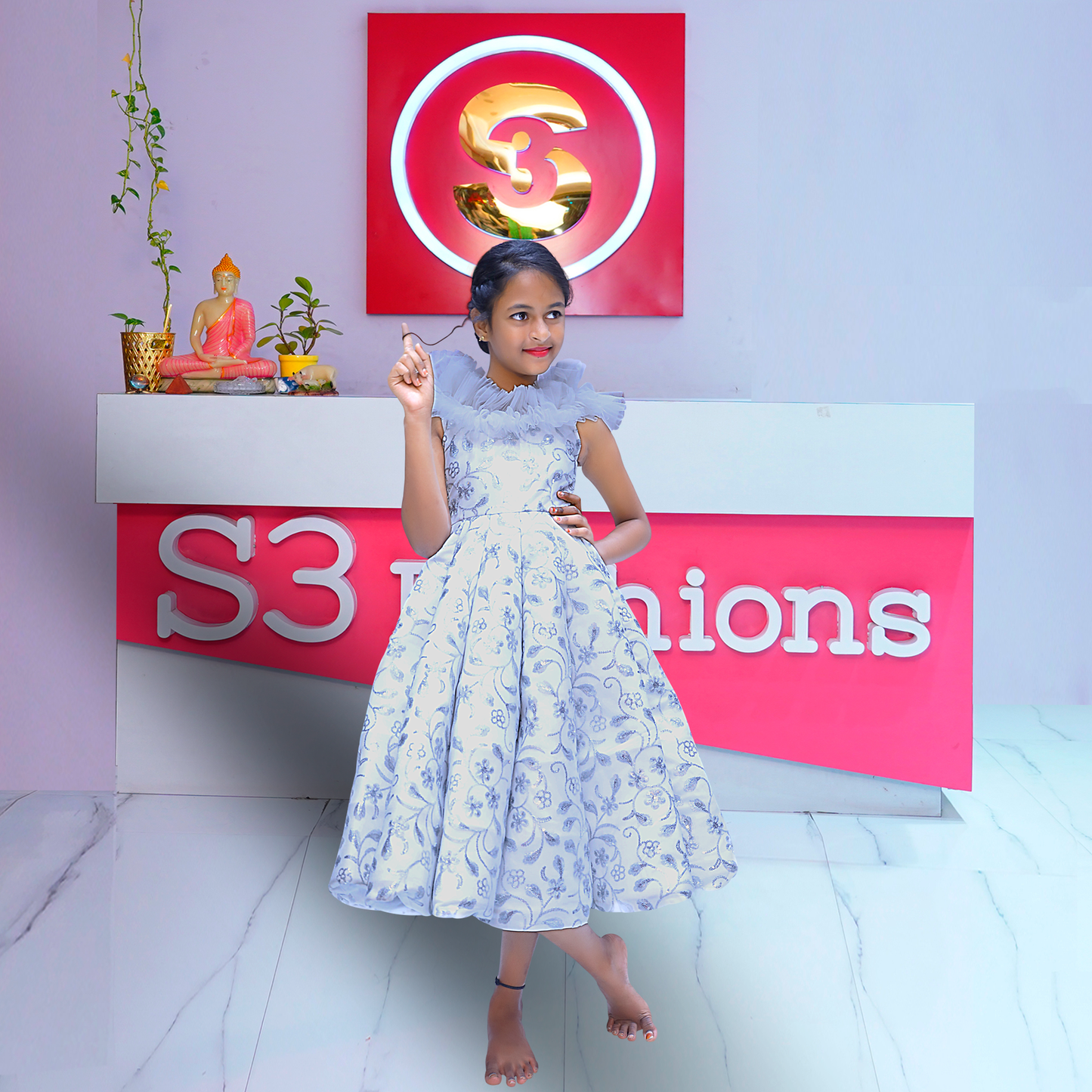 white sqivence baby birthday frock