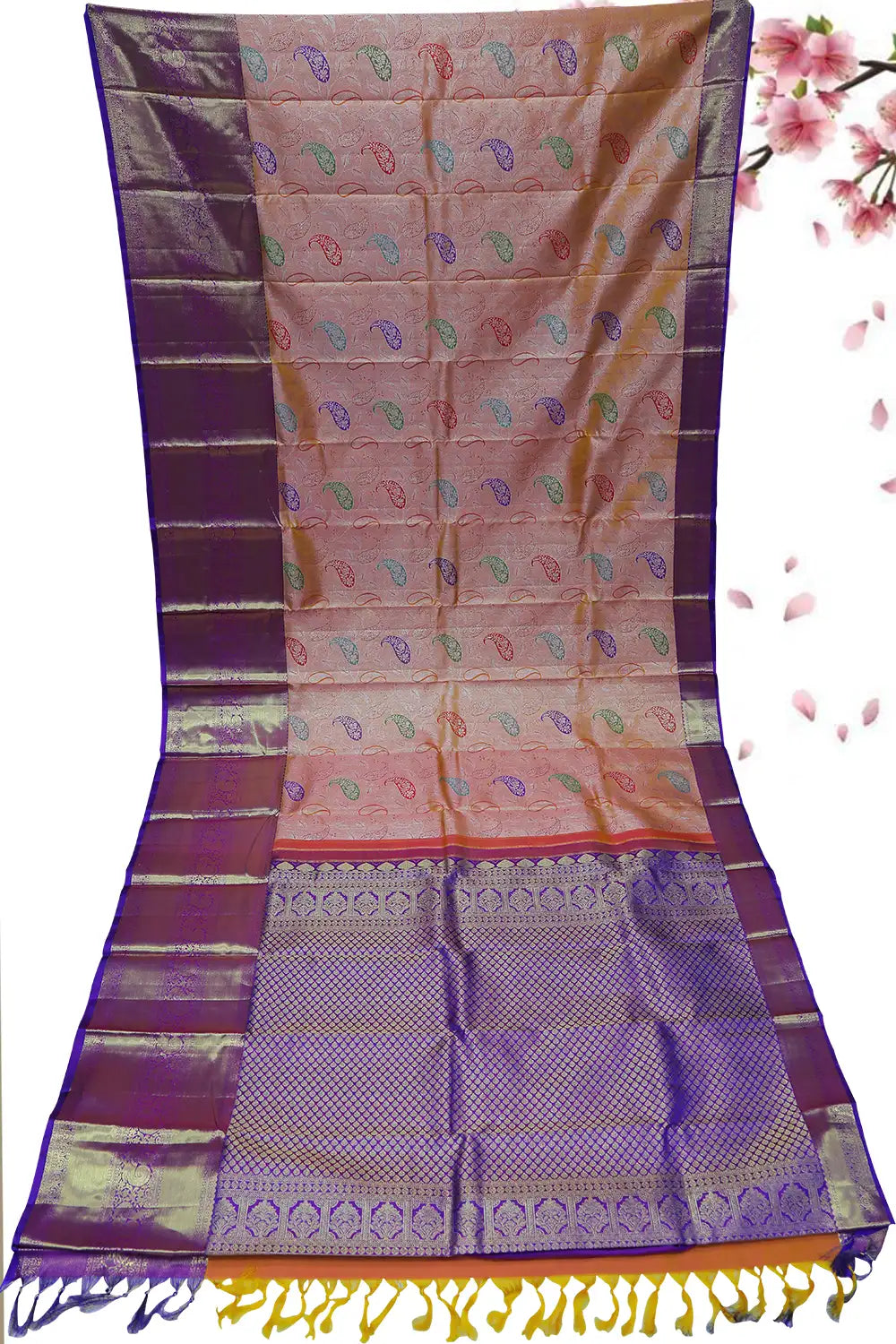 Mustard and Violet Pattu Saree | Purple Border