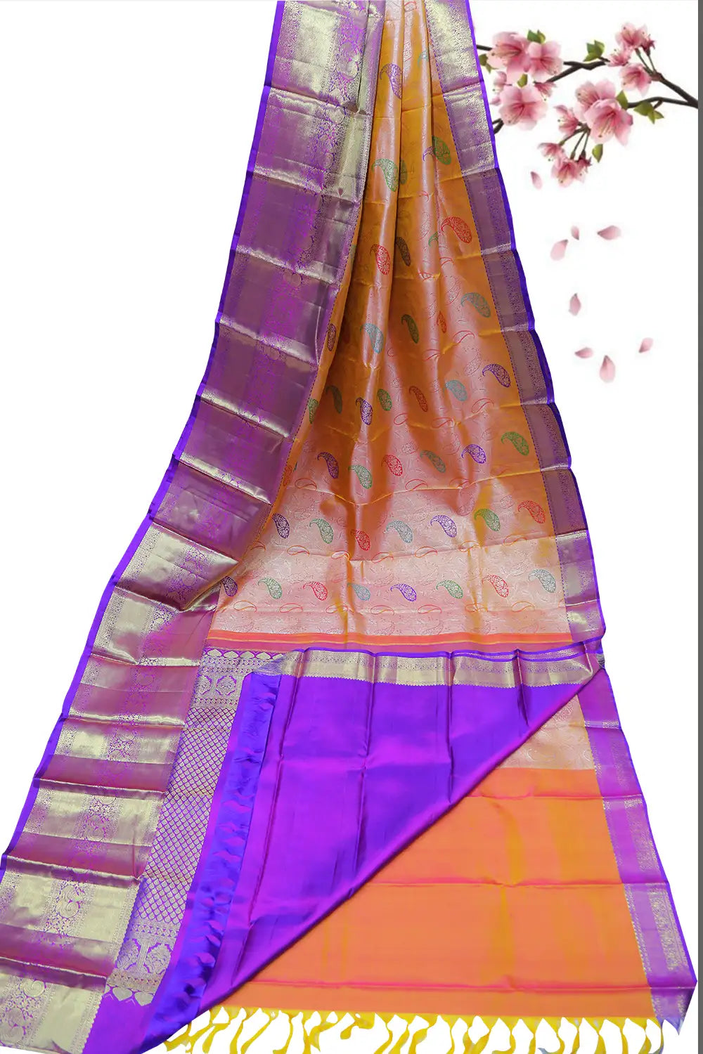 Mustard and Violet Pattu Saree | Purple Border