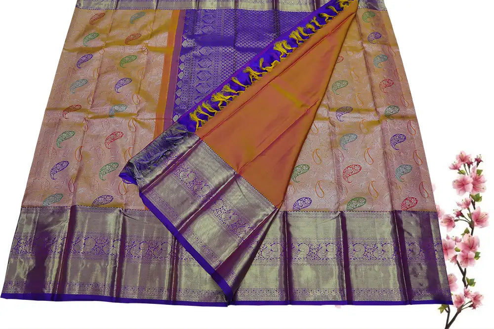 Mustard and Violet Pattu Saree | Purple Border