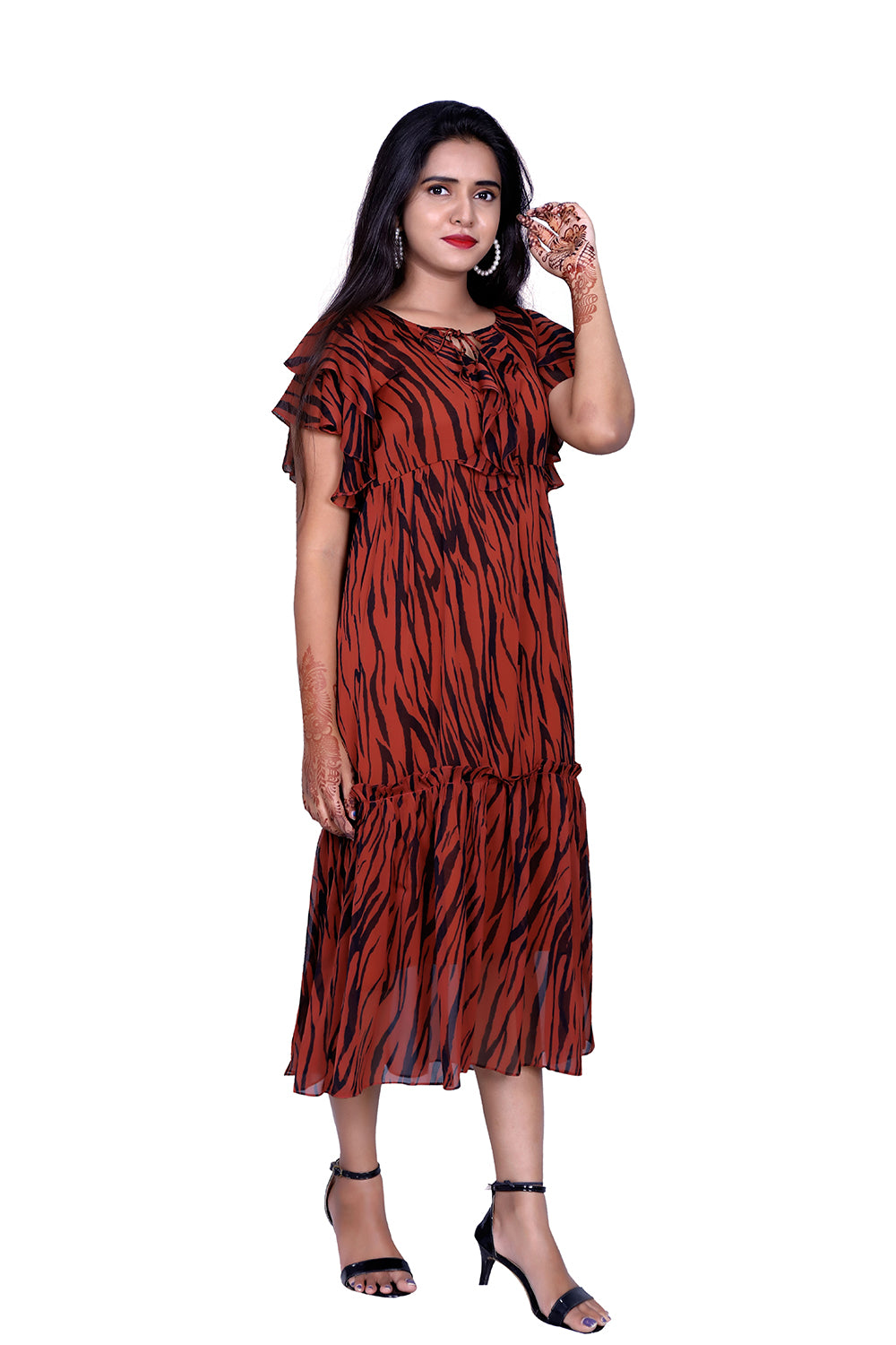 Womens Georgette Brown Printed Maxi | S3G879