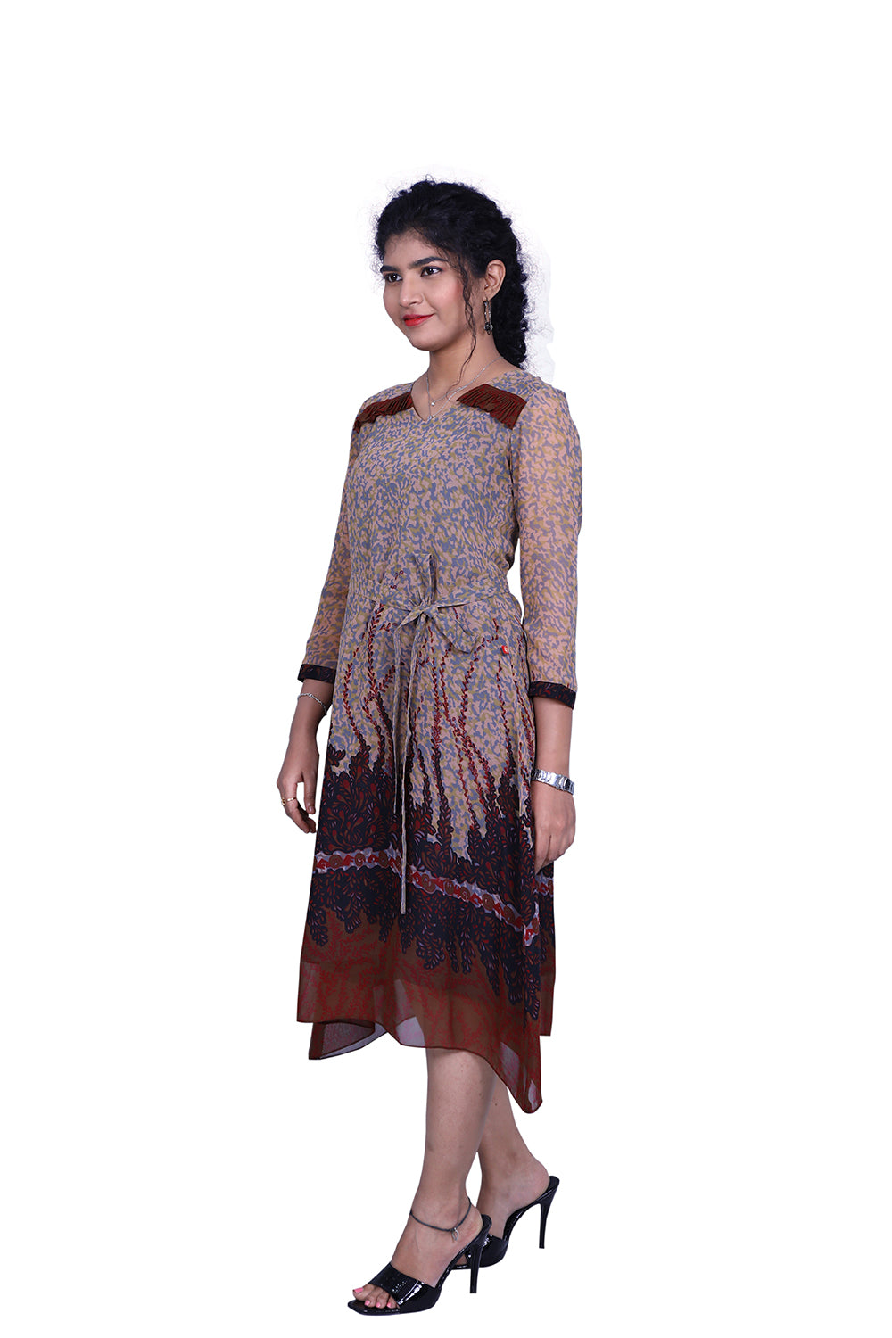 Grey and Maroon Abstract Print A-line Kurti | S3G880