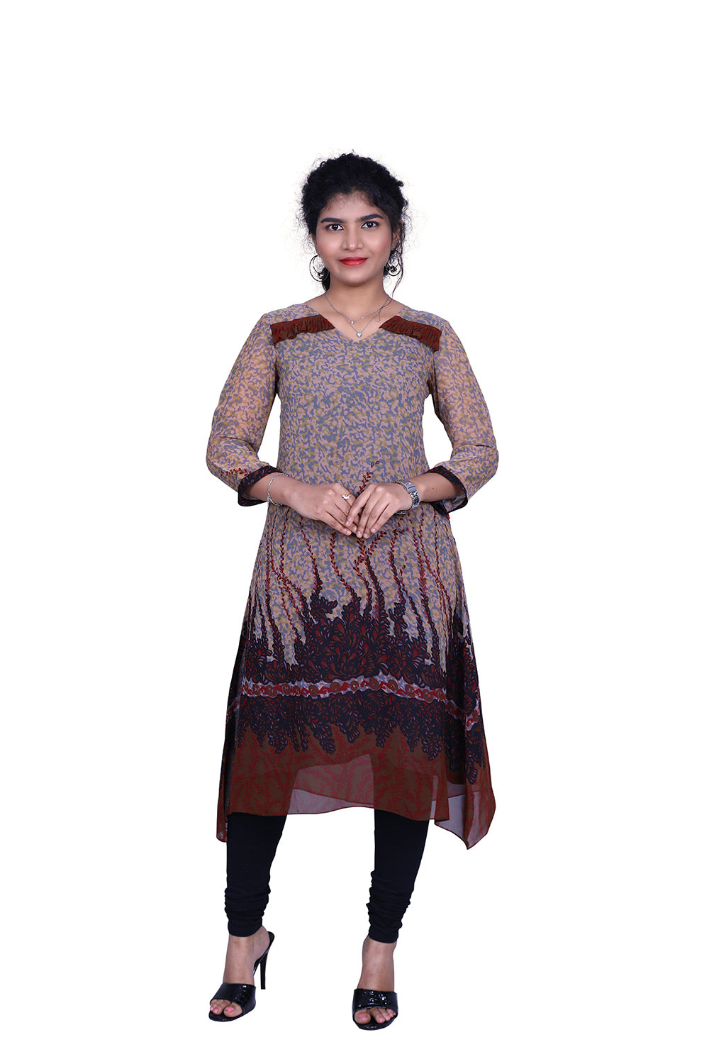 Grey and Maroon Abstract Print A-line Kurti | S3G880