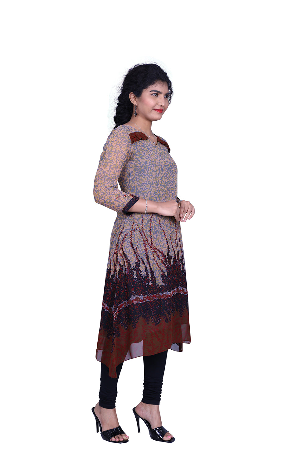 Grey and Maroon Abstract Print A-line Kurti | S3G880