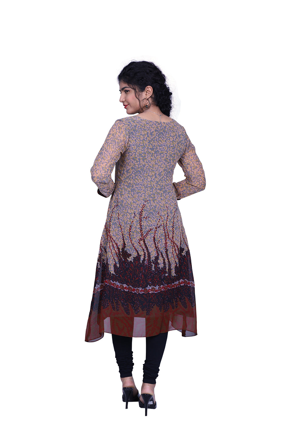 Grey and Maroon Abstract Print A-line Kurti | S3G880