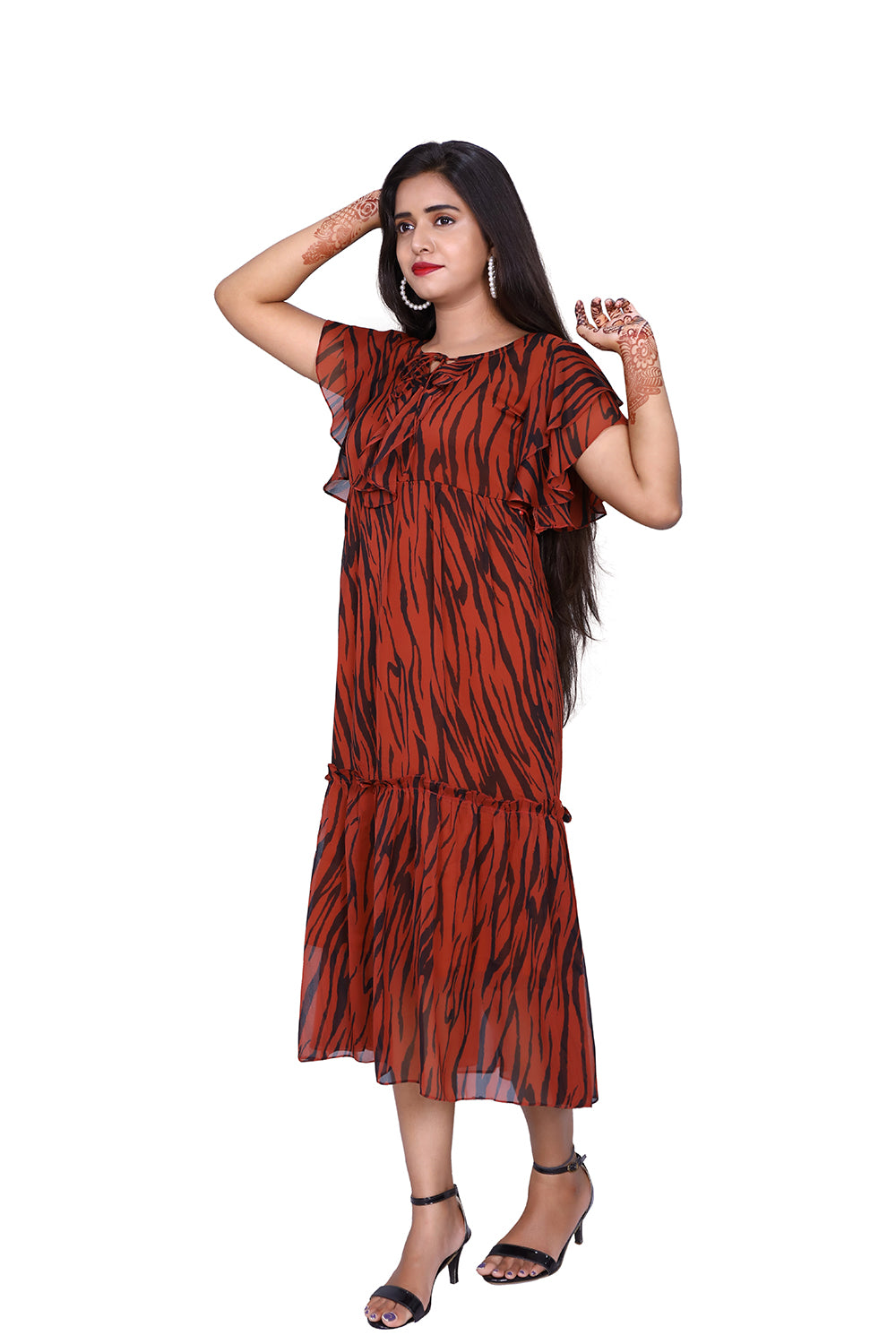 Womens Georgette Brown Printed Maxi | S3G879