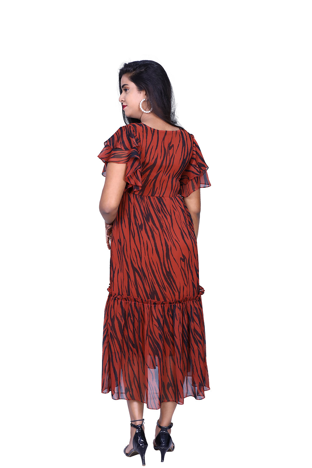 Womens Georgette Brown Printed Maxi | S3G879