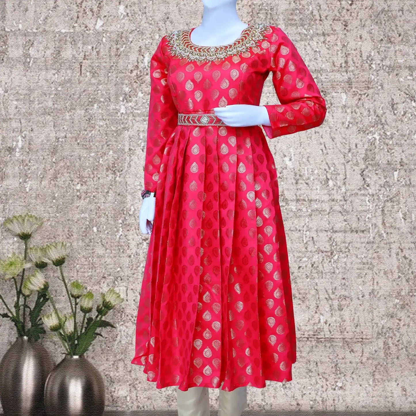 Red and Gold Printed Umbrella Gown with waist Belt | S3G1194