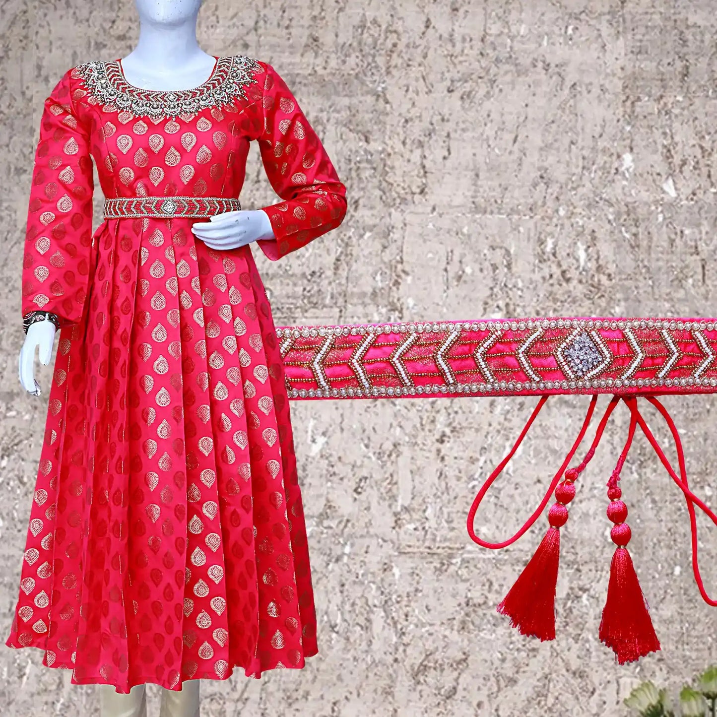 Red and Gold Printed Umbrella Gown with waist Belt | S3G1194