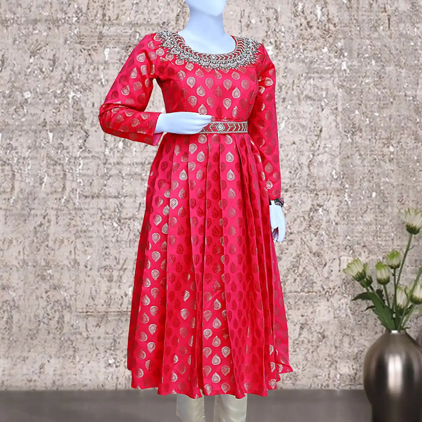 Red and Gold Printed Umbrella Gown with waist Belt | S3G1194