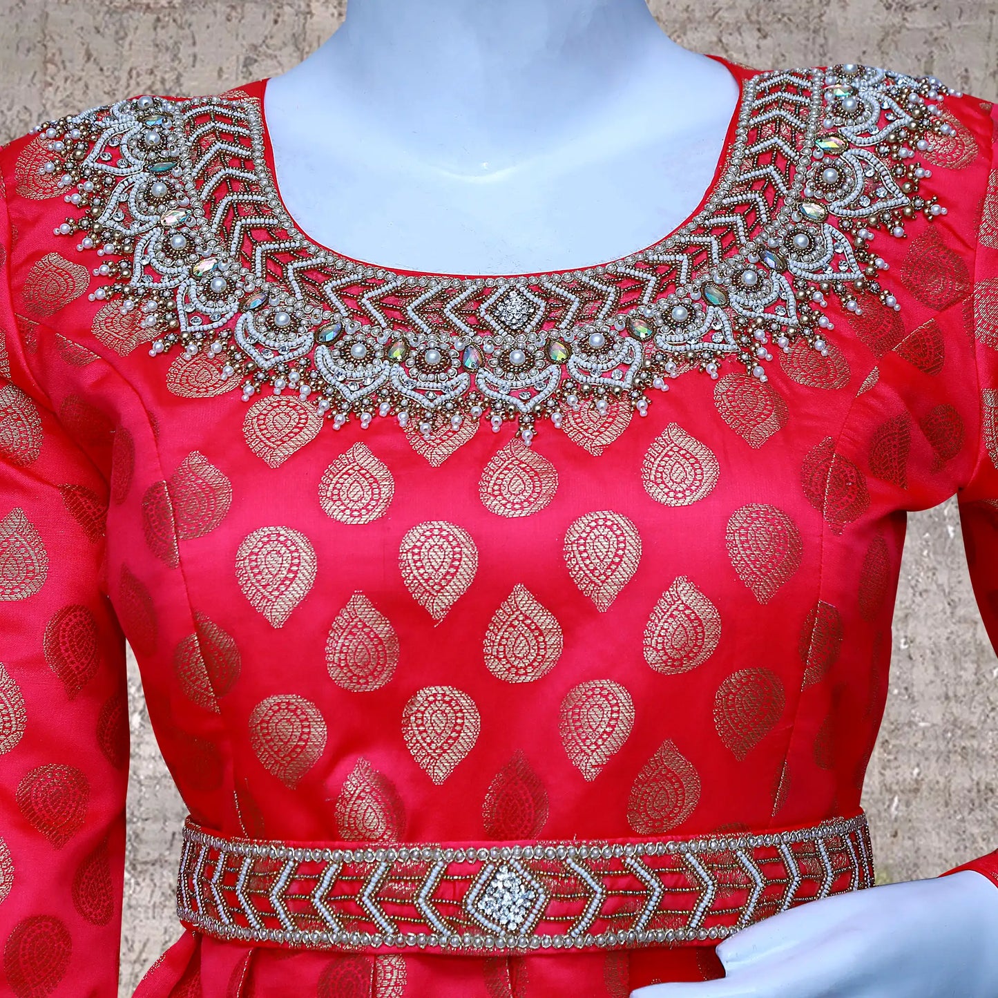 Red and Gold Printed Umbrella Gown with waist Belt | S3G1194