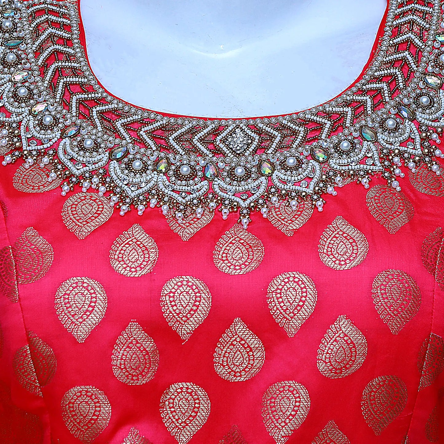 Red and Gold Printed Umbrella Gown with waist Belt | S3G1194