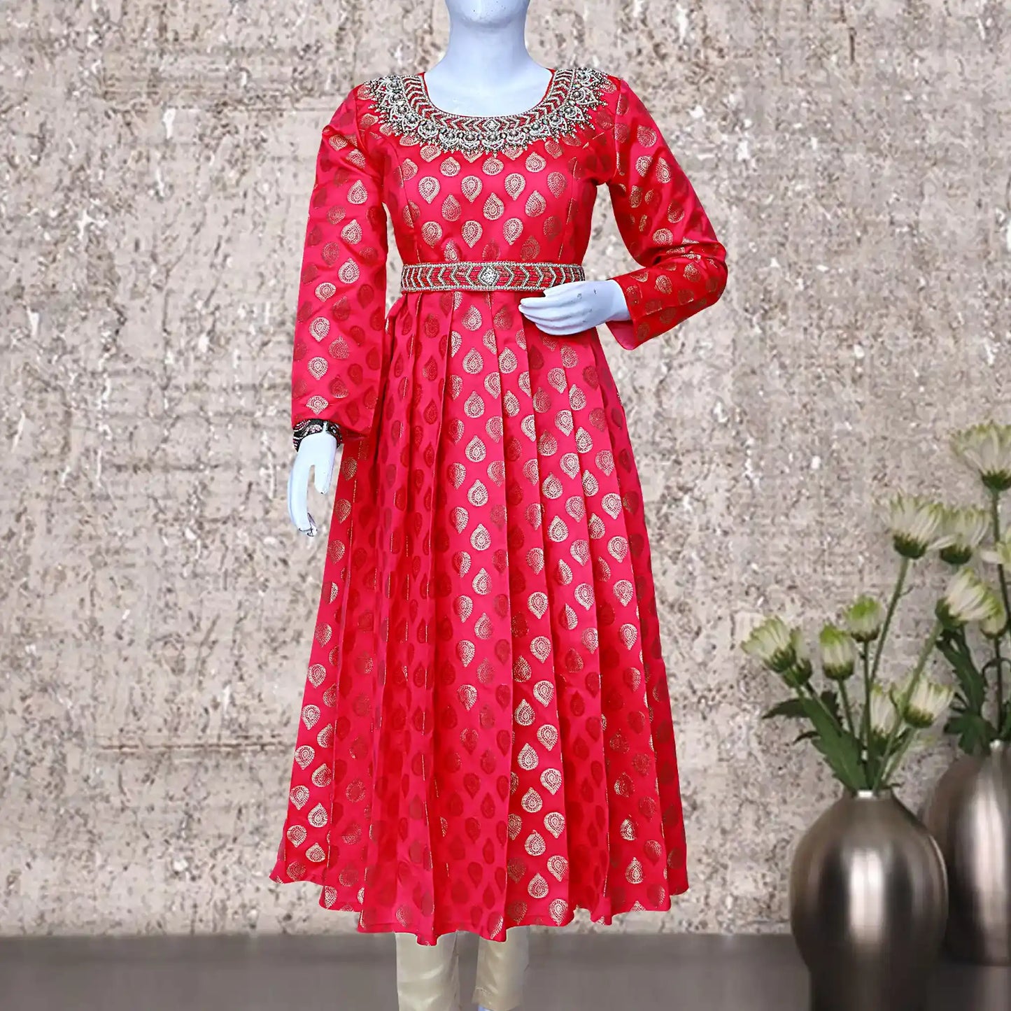 Red and Gold Printed Umbrella Gown with waist Belt | S3G1194
