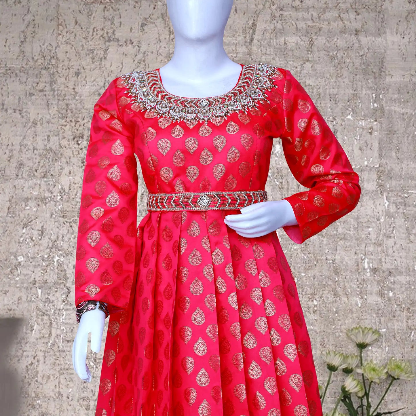 Red and Gold Printed Umbrella Gown with waist Belt | S3G1194
