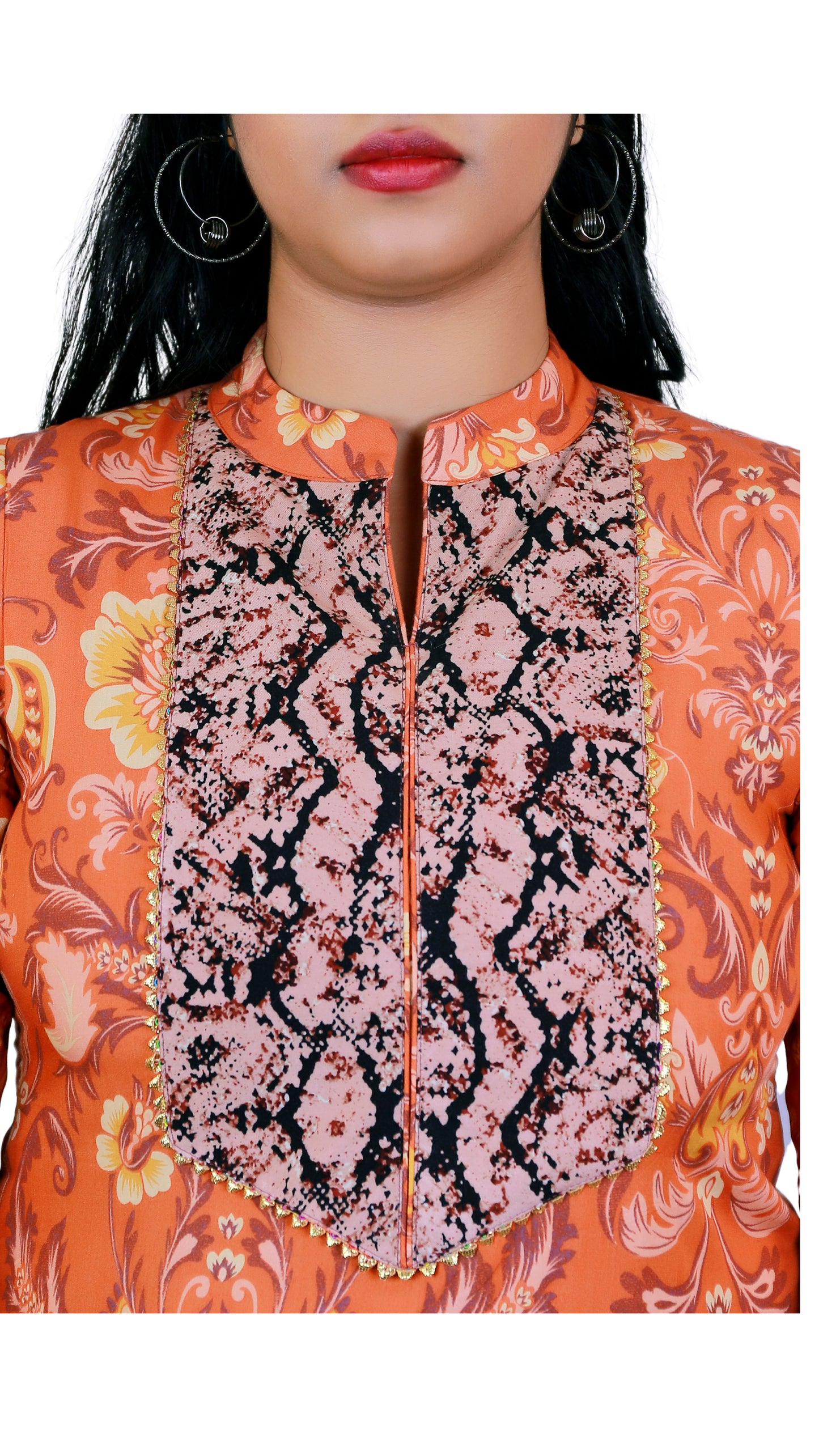 Women's Kalamkari Print Plaid A-Line Kurta with Mandarin Collar & 3/4 Sleeves | S3X126