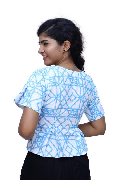 Women White and Blue Casual Printed Top | S3CT847