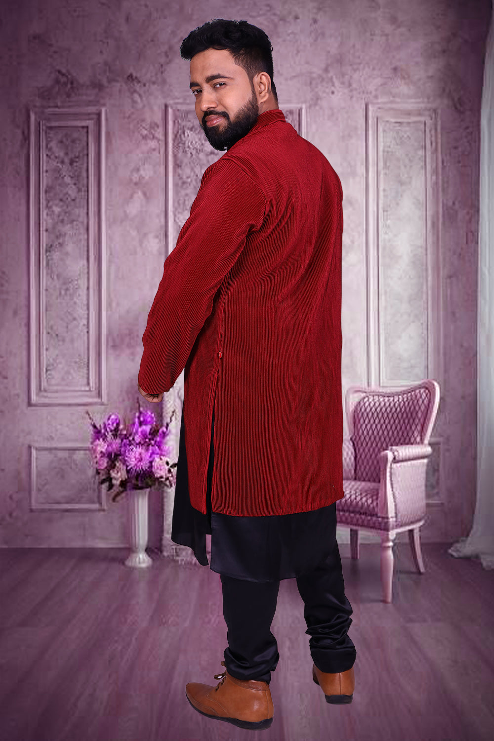 Solid Maroon Crushed Sherwani Set | S3SKP1045