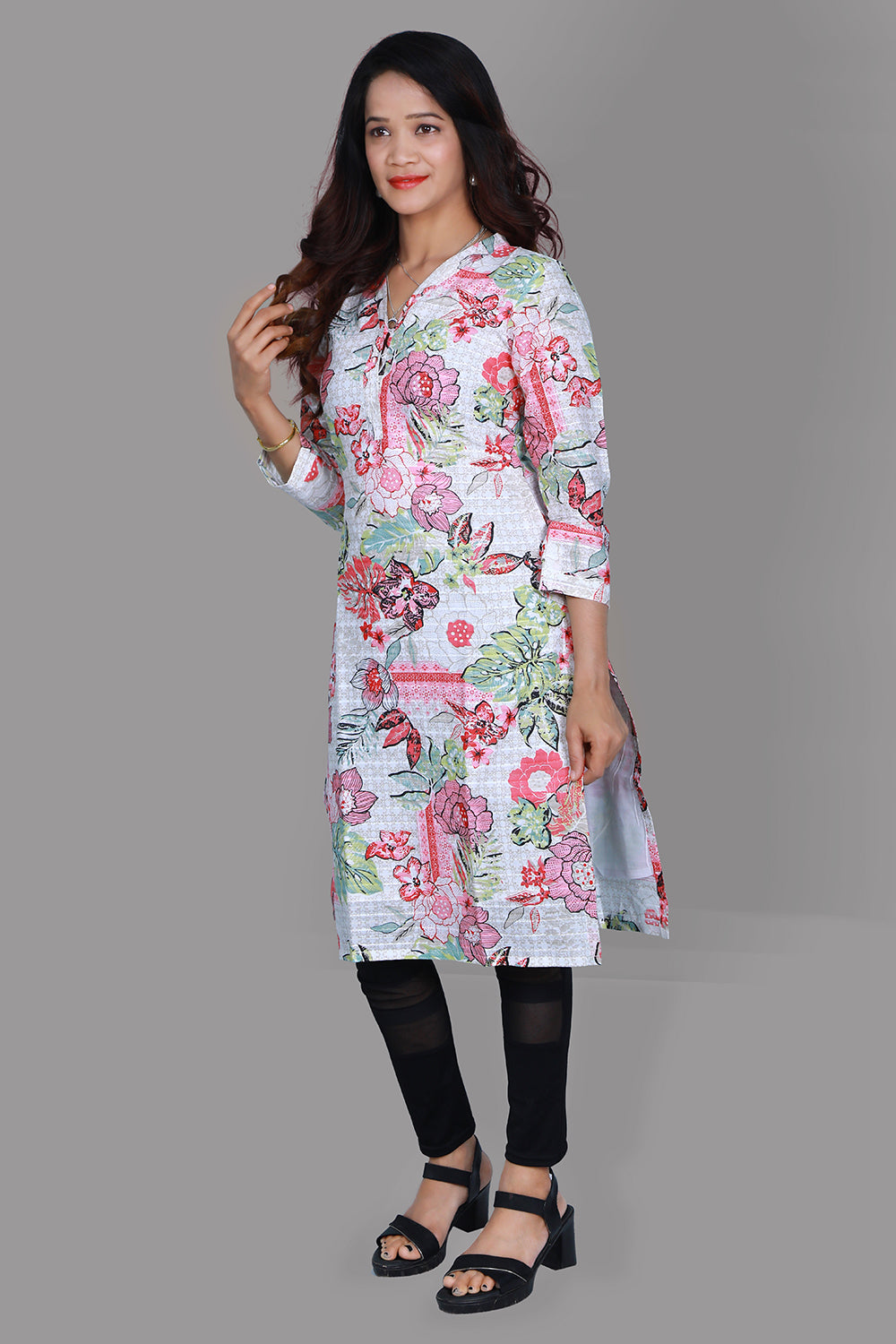 White Floral Print A Line Kurti | S3K1050