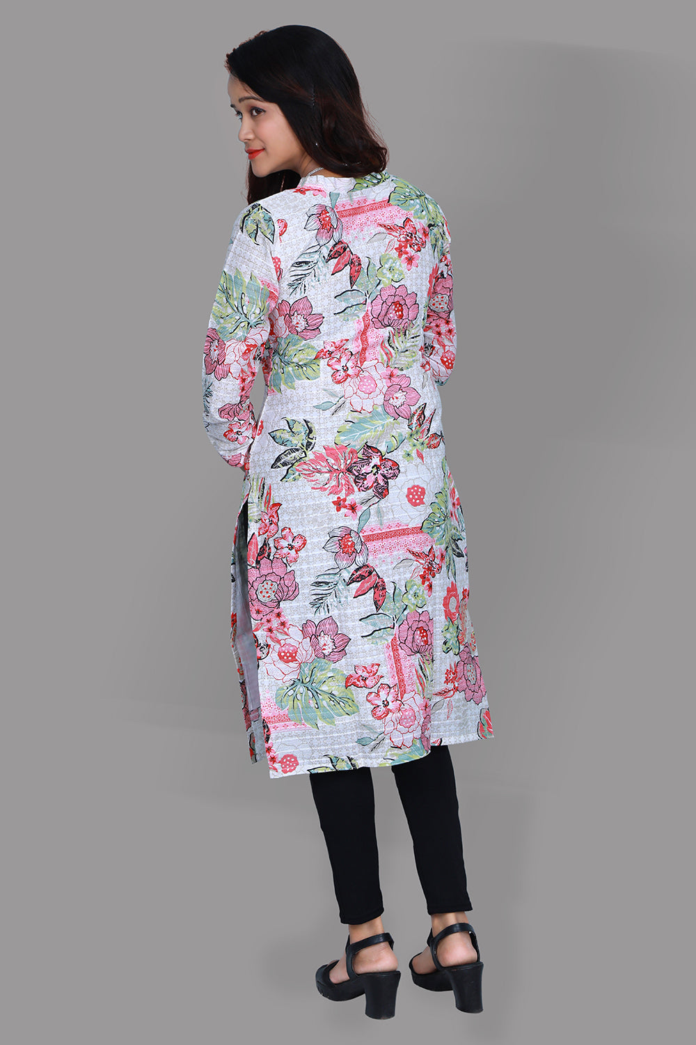 White Floral Print A Line Kurti | S3K1050