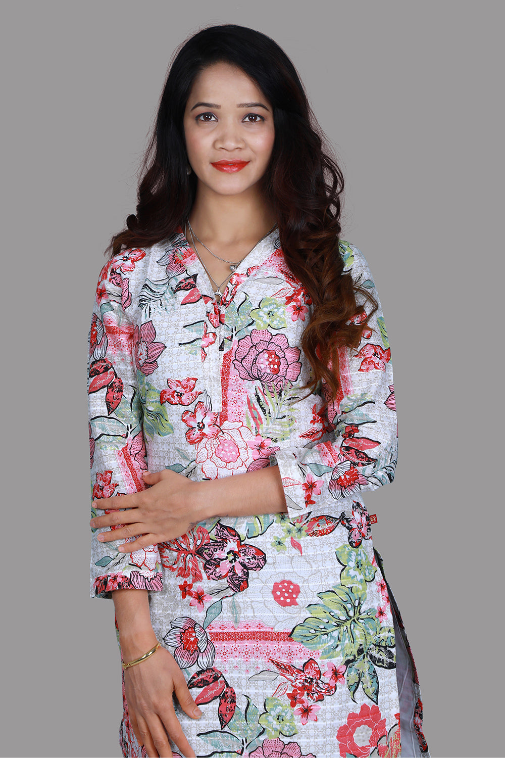 White Floral Print A Line Kurti | S3K1050