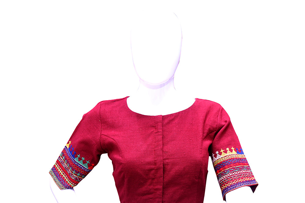 Maroon Thread Work Boat neck Blouse | S3B11