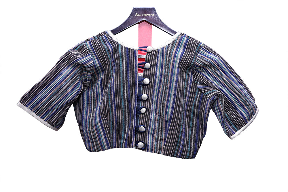 Grey Colored Front Buttons Round Neck Blouse | S3B50
