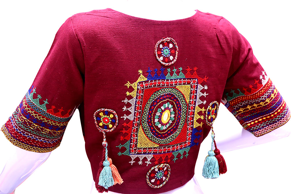 Maroon Thread Work Boat neck Blouse | S3B11