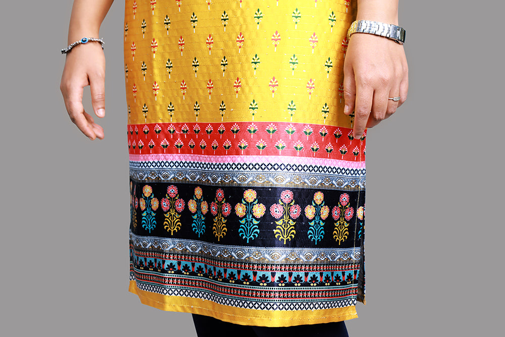 Yellow Floral Print Straight Kurti | S3K1815