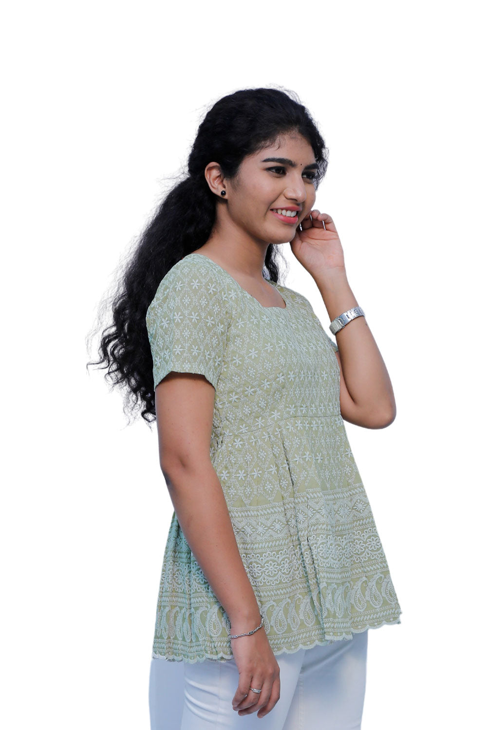 Green chikankari short top | S3S636